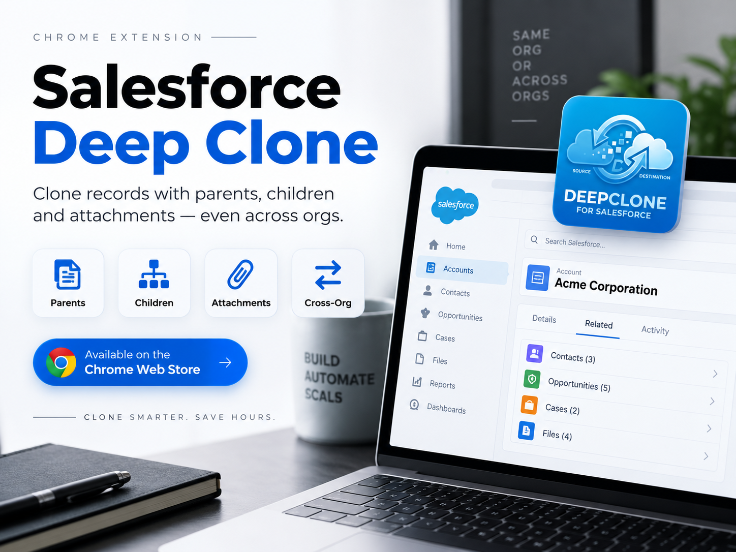 Salesforce Deep Clone Chrome extension for cloning Salesforce records with parents, children, and attachments